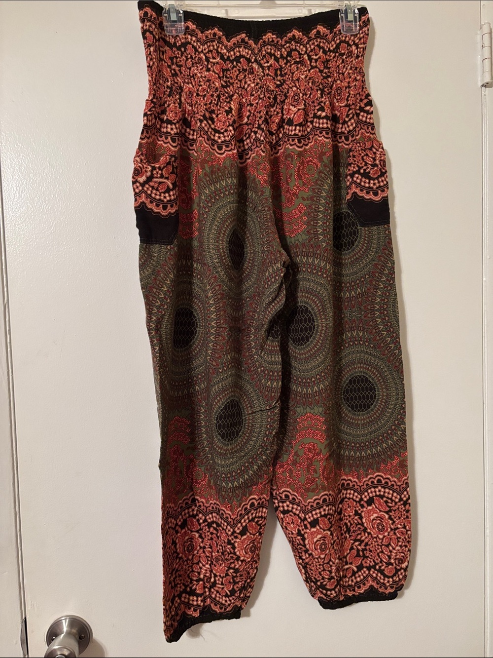 Smocked Waist Boho Harem Joggers in Olive & Coral - Picture 6 of 7